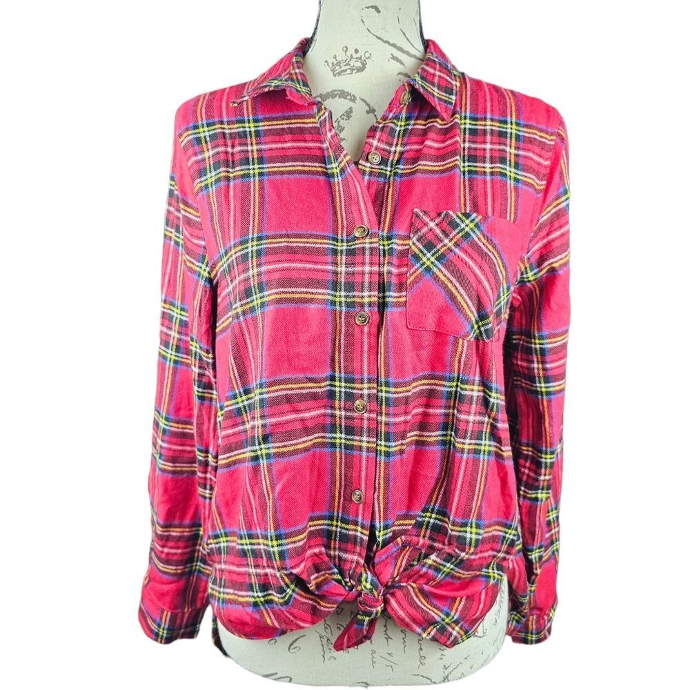 Hippie Rose -658 NWT Red Black Plaid Long Sleeve Front‎ Knot Button Down Shirt S